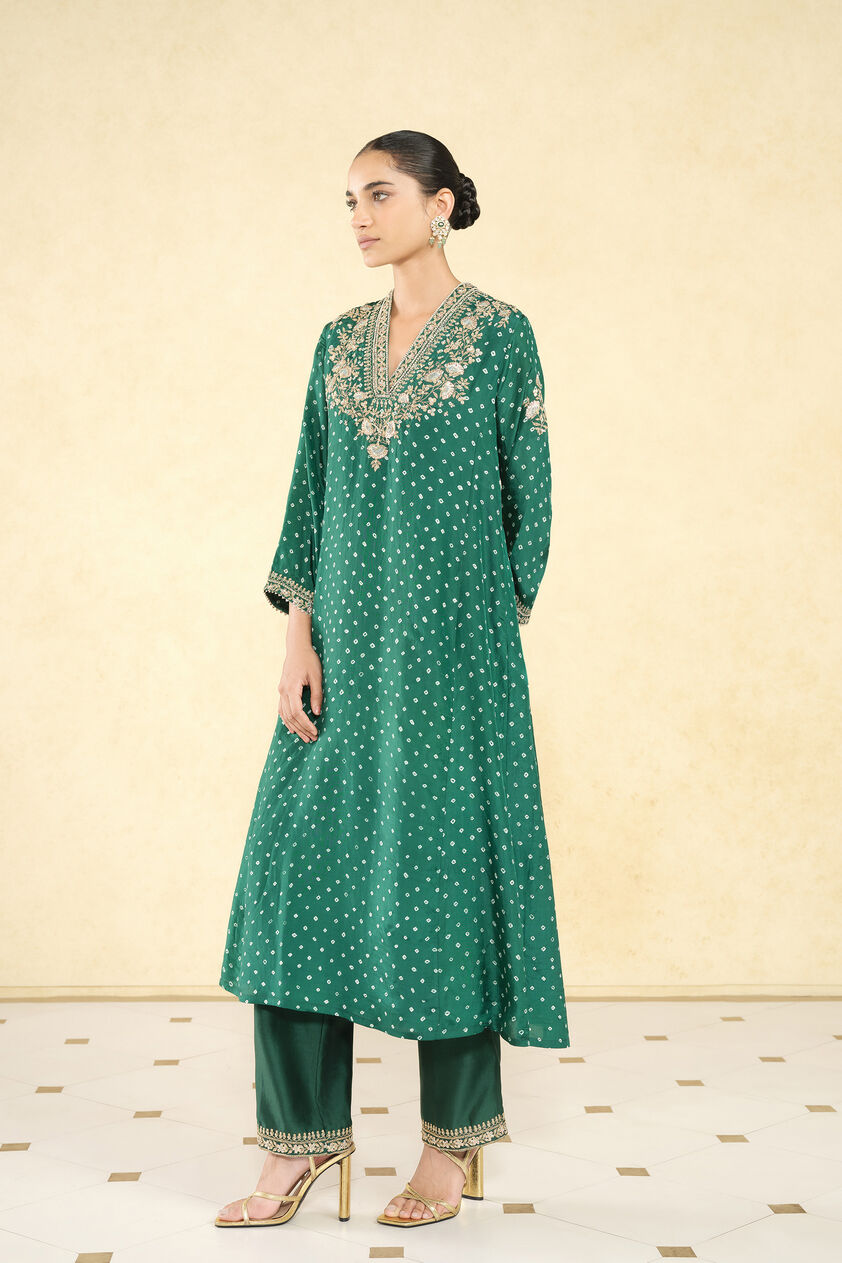 Gulsahro Handcrafted Bandhani Silk Kurta Set - Green, Green, image 2